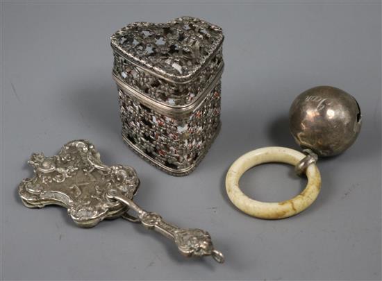 A late Victorian silver aide memoire (ex chatelaine), a childs rattle and white metal scent casket.